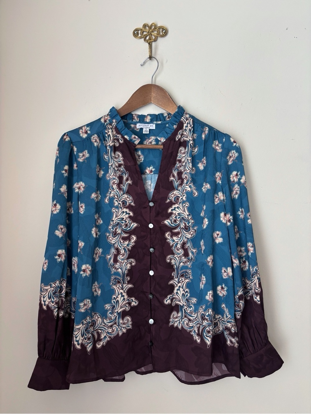 Current Air Blue & Brown Floral Button Up Blouse Small